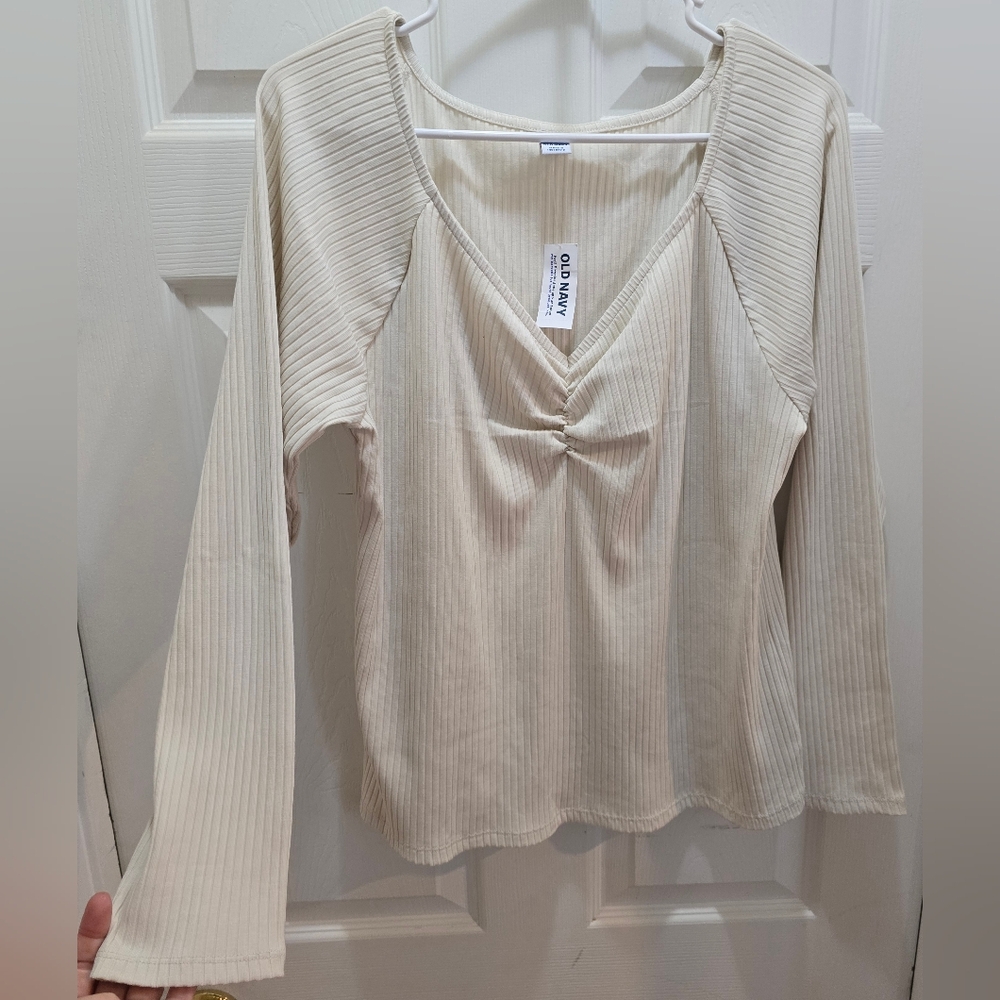 Old Navy Cream Ribbed Long Sleeve Blouse